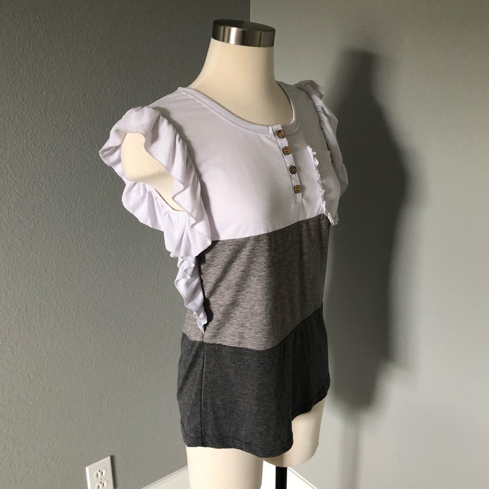 Ruffle Sleeve Color Block 1/4 Button-Down Pocket … - image 3